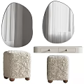 Elegant White Dressing Table with Oval Mirrors and Two Fluffy Stools