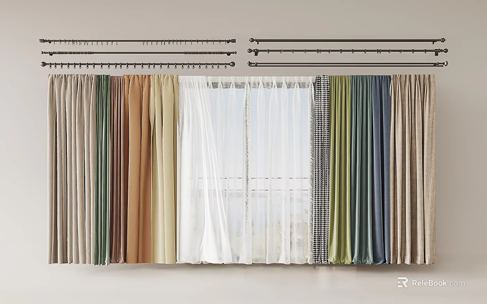 Various Colored Curtains With Sheer Panels And Curtain Rods For Home Windows 3d model 