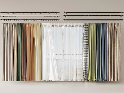 Various Colored Curtains With Sheer Panels And Curtain Rods For Home Windows 3d model