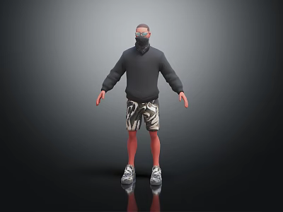A Man in Black Hoodie and Camouflage Shorts White Sneakers Standing on Reflective Black Background 3d model
