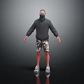A Man in Black Hoodie and Camouflage Shorts White Sneakers Standing on Reflective Black Background