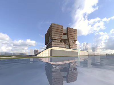 Modern Geometric Office Building With Glass Curtain Wall Water Reflection and Blue Sky White Clouds 3d model
