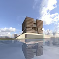 Modern Geometric Office Building With Glass Curtain Wall Water Reflection and Blue Sky White Clouds