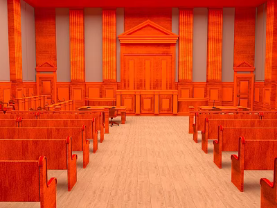 Cartoon Courtroom Scene With Red Wooden Benches Podium Columns And Interior 3d model