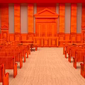 Cartoon Courtroom Scene With Red Wooden Benches Podium Columns And Interior