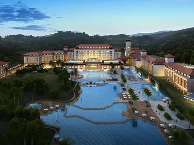 Aerial Planning of Luxury Resort Landscape Design with Swimming Pools Greenery and Mountain Backdrop 3d model