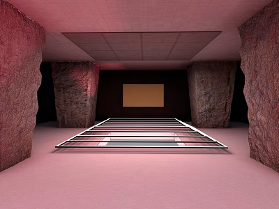 Industrial Rock Wall Interior With Pink Floor Metal Platform Front Screen And Ceiling Design 3d model