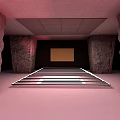 Industrial Rock Wall Interior With Pink Floor Metal Platform Front Screen And Ceiling Design
