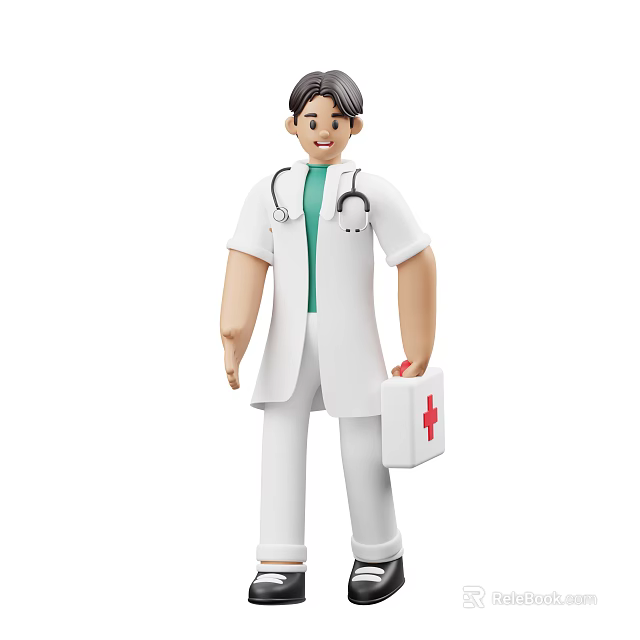 Man Doctor Wearing White Coat With Stethoscope Holding First Aid Kit 3d model 