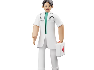 Man Doctor Wearing White Coat With Stethoscope Holding First Aid Kit 3d model