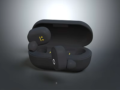 Black Wireless Bluetooth Earbuds With Open Charging Case And Ergonomic Design 3d model