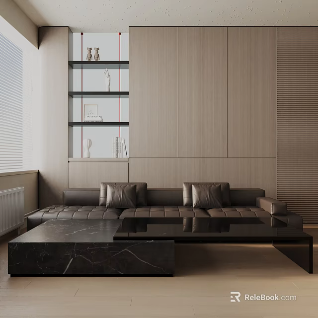 Three Seater Sofa In Modern Living Room Featuring Brown Leather And Black Marble Coffee Table 3d model 