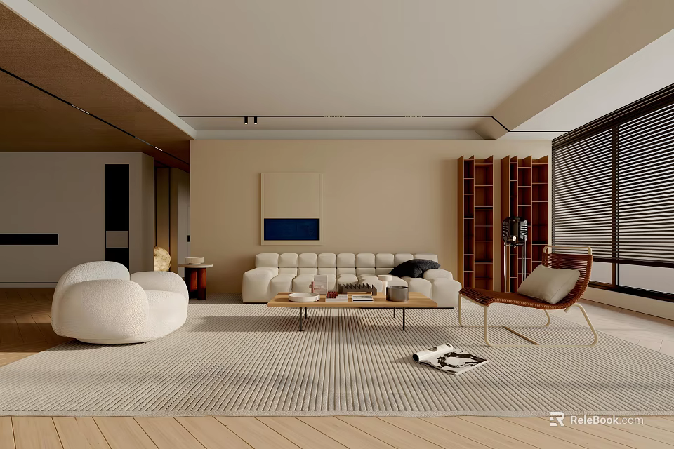 Modern Living Room Interior With Beige Sofa Wooden Bookshelf Striped Rug And Coffee Table 3d model 