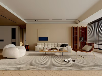 Modern Living Room Interior With Beige Sofa Wooden Bookshelf Striped Rug And Coffee Table 3d model