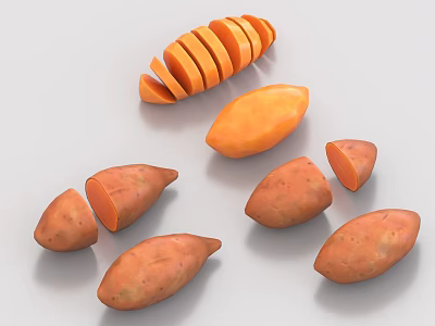 Fresh Sweet Potato Slices And Whole Pieces On White Background 3d model