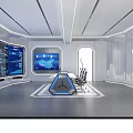 Futuristic Control Room Interior With Digital Screens Triangular Console Ergonomic Chairs And City Skyline Decor