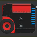 Red And Black Box Shaped Robot With Wheels And Blue Mechanical Accents