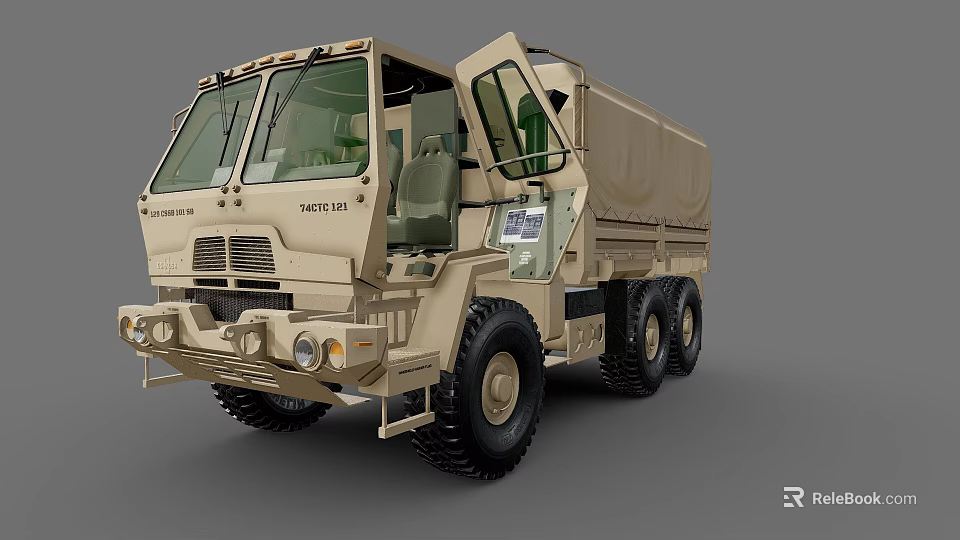 Khaki Colored Six Wheeled Military Utility Vehicle With Sturdy Design And Open Door Cargo Bed 3d model 