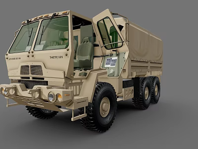 Khaki Colored Six Wheeled Military Utility Vehicle With Sturdy Design And Open Door Cargo Bed 3d model