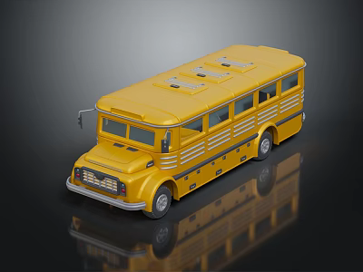 Yellow School Bus Model With Multiple Windows Roof Equipment On Black Background And Reflection 3d model