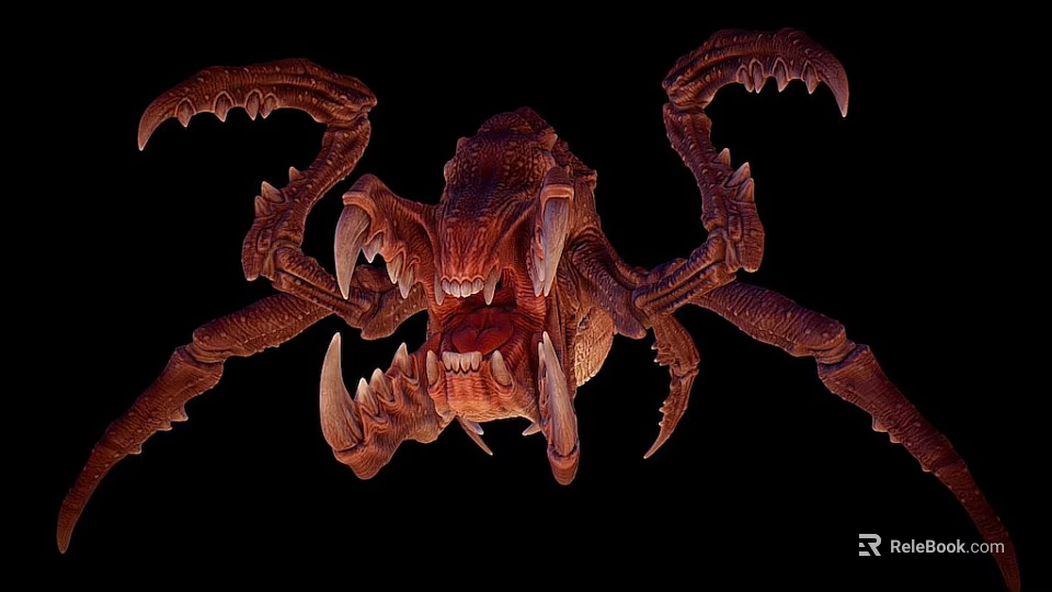 Ferocious Red Armored Monster With Multiple Sharp Claws And Open Fanged Mouth 3d model 