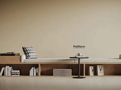 Modern Banquette Sofa With Built In Bookshelves Books And Decorative Pillow 3d model