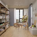 Artistic Room With Wooden Shelves White Vases Easel Paintings Fruits And Wooden Floor