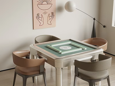Modern Entertainment Table With Green Surface And Brown Gray Chairs Wall Art Floor Lamp 3d model