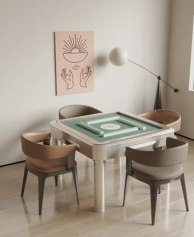 Modern Entertainment Table With Green Surface And Brown Gray Chairs Wall Art Floor Lamp 3d model