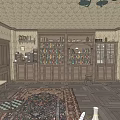 Vintage Office Interior With Wooden Bookshelves Fireplace Chandelier Desk Chair And Area Rug