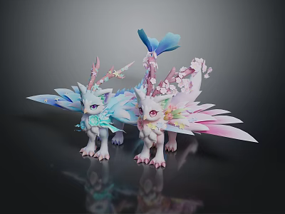 Game and Movie Fantasy Characters with Colorful Wings Horns and Flower Decorations 3d model