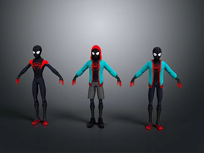 Three 3D SpiderMan Character Models With Different Costumes And Poses 3d model