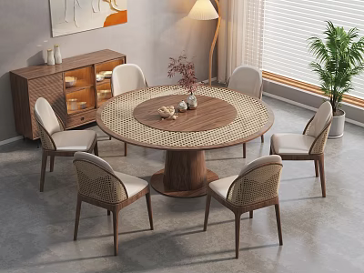 Modern Round Wooden Dining Table Set With Six Woven Seats Chairs And Side Cabinet 3d model
