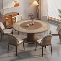 Modern Round Wooden Dining Table Set With Six Woven Seats Chairs And Side Cabinet