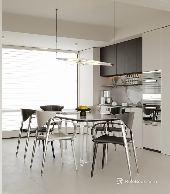 Modern Restaurant Interior Featuring Glass Dining Table Metal Chairs Hanging Pendant Light And Black Cabinets 3d model 