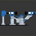 Blue And White Industrial Precision Equipment Featuring Multiple Mechanical Components On Black Platform 3d model