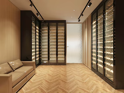 Luxurious Wine Cellar Interior With Glass Door Racks Lighting Sofa And Herringbone Flooring 3d model