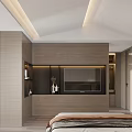Elegant Modern Bedroom Interior With Minimalist Headboard Pillows Ceiling Light Strips And Display Shelf