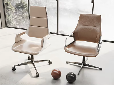 Modern Office Chairs With Beige And Brown Leather Armrests Wheels By Large Windows 3d model