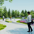 Scenic Park Landscape With Lush Trees Colorful Flowers Walking Paths And People Relaxing