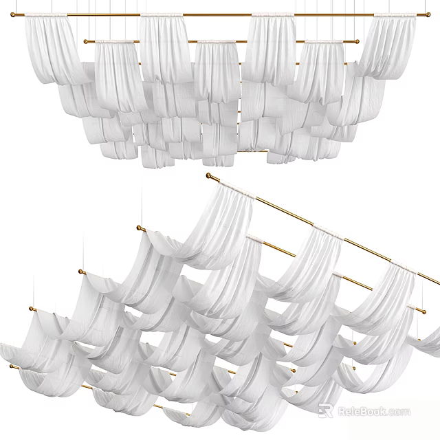 Elegant White Ceiling Drapery Design With Pleated Fabric And Golden Hanging Rods 3d model 