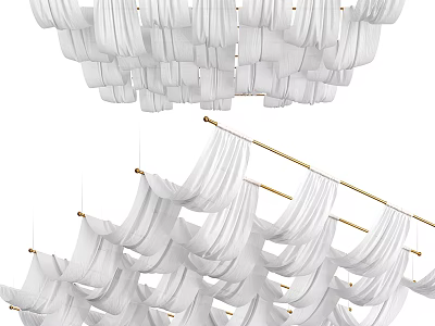 Elegant White Ceiling Drapery Design With Pleated Fabric And Golden Hanging Rods 3d model