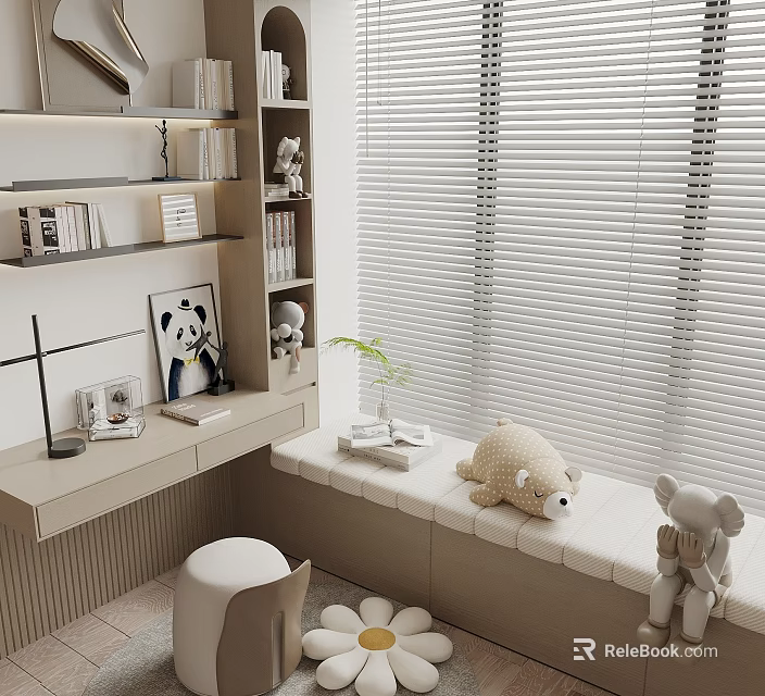 Modern Wall Bookshelf With Books Decorations Green Plant And Window Seat Stuffed Toys 3d model 