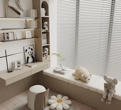 Modern Wall Bookshelf With Books Decorations Green Plant And Window Seat Stuffed Toys 3d model