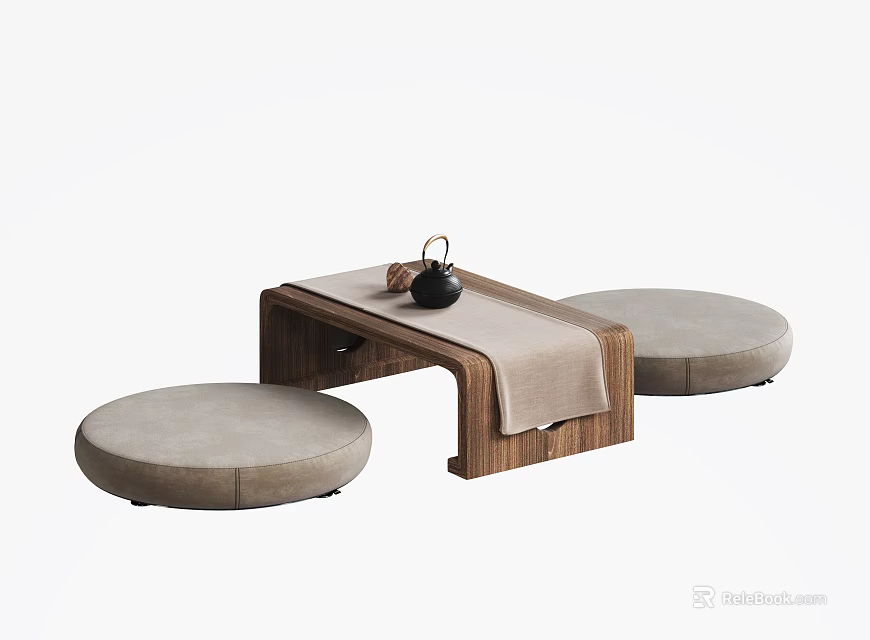 Natural Wooden Tea Table and Chairs with Mat Teapot and Two Round Cushions 3d model 