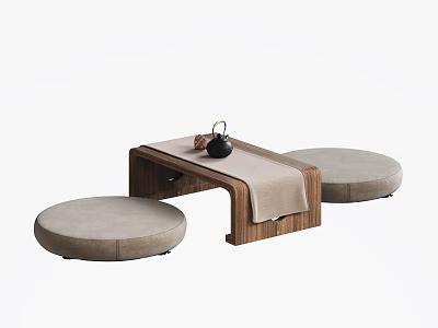 Natural Wooden Tea Table and Chairs with Mat Teapot and Two Round Cushions 3d model