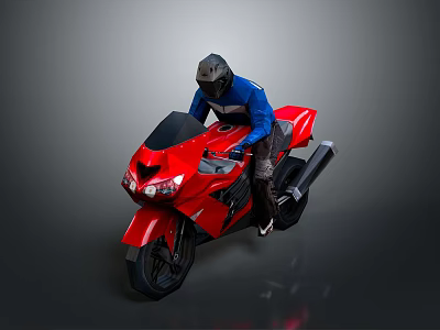 Red Sport Motorcycle With Rider In Blue Jacket And Helmet Riding 3d model