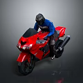Red Sport Motorcycle With Rider In Blue Jacket And Helmet Riding