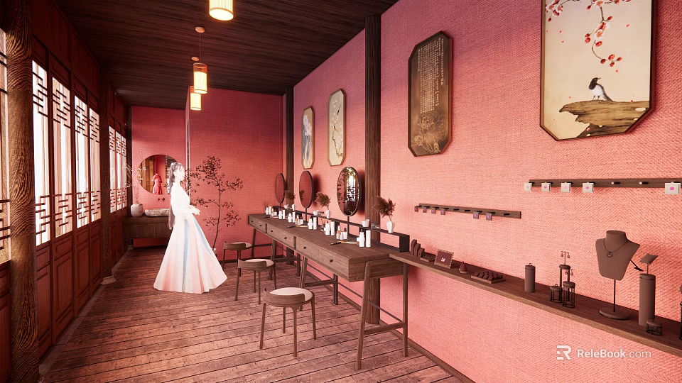Pink Walls Clothing Store Interior With Wooden Floor Long Table Stools And White Dress Model 3d model 