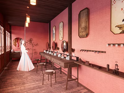 Pink Walls Clothing Store Interior With Wooden Floor Long Table Stools And White Dress Model 3d model
